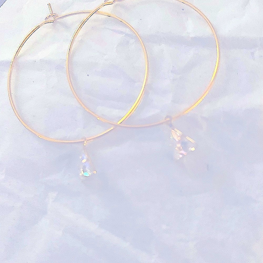 Minimalist Gold Medium Hoop Earrings Triangle CZ Crystal Sparkle Charm NEW Ha…